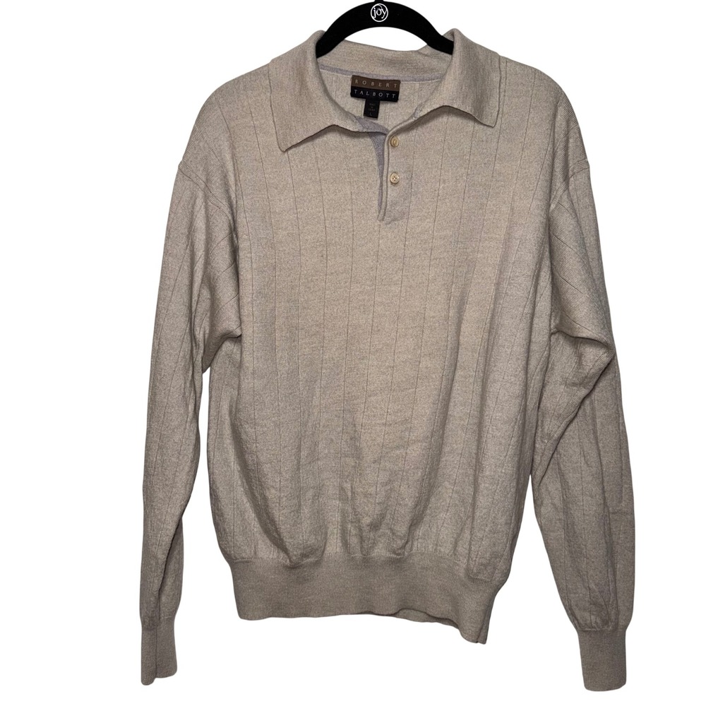 Robert Talbott Mens Oatmeal Beige 100% Merino Wool Ribbed Polo Sweater Large L